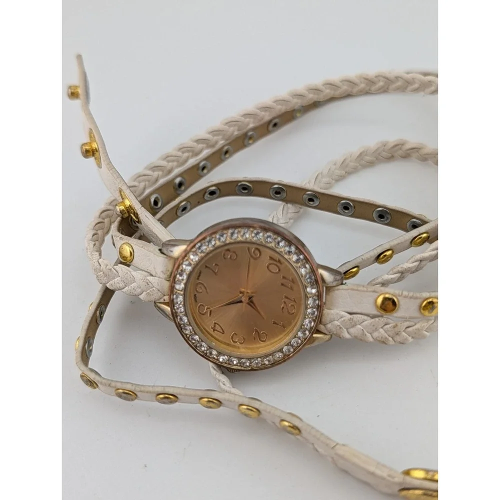 Women's Wrap Wrist Bracelet Watch 28mm Gold Case Crystal Bezel- New Battery